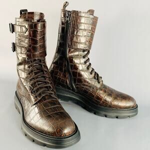 Size 11 Brown Croc Embossed Leather Lace-Up Belt Calf High Military Boots